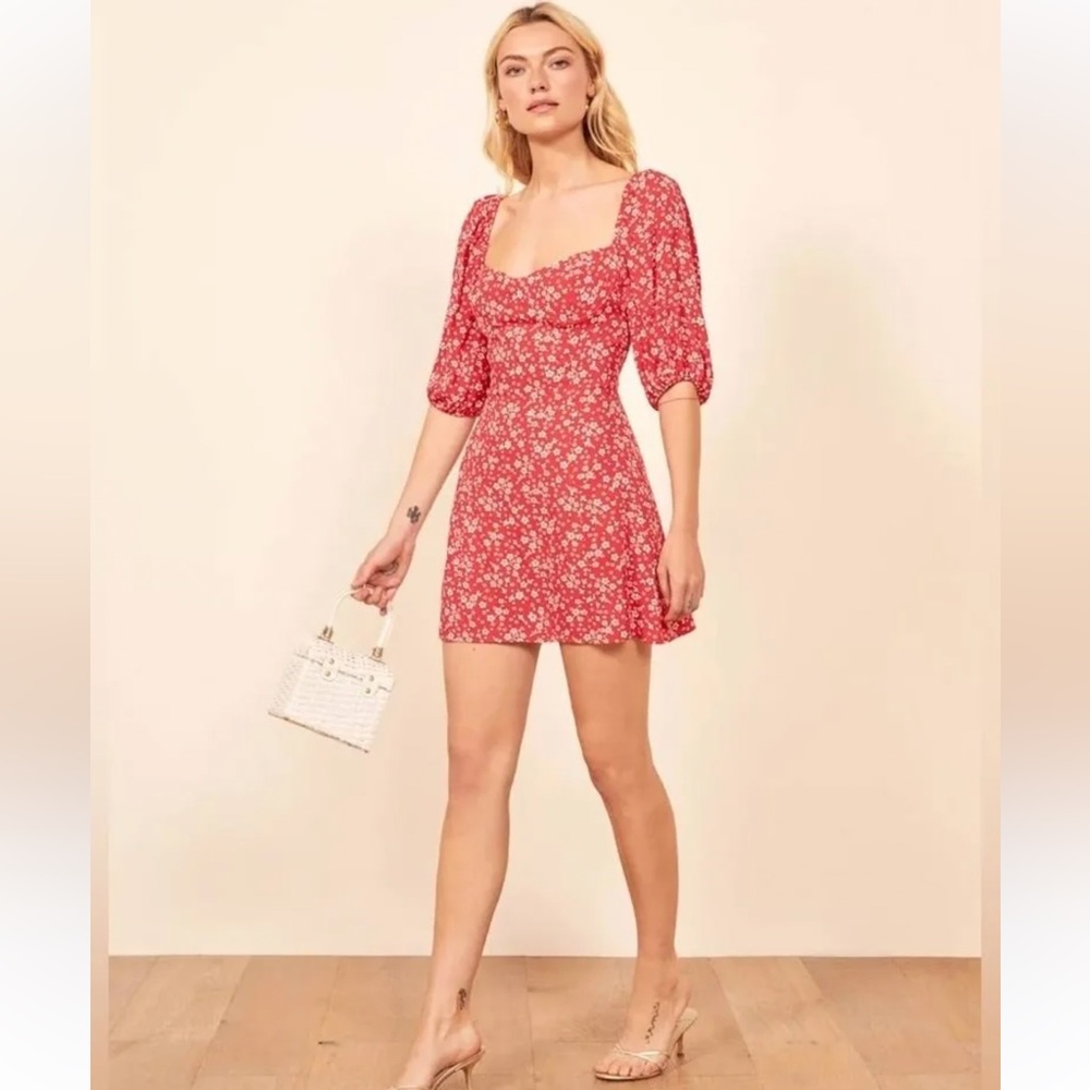 Reformation Kopa Sweetheart Neck Mini Dress in Merci Red Floral